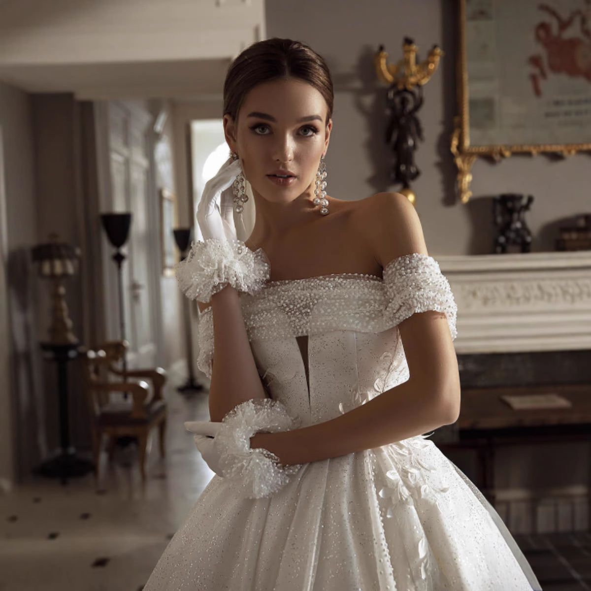 Off the Shoulder Court Train Lace applique Wedding Dress