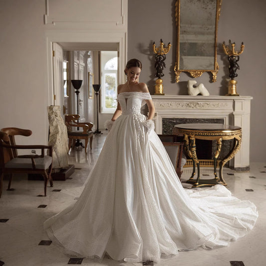 Off the Shoulder Court Train Lace applique Wedding Dress