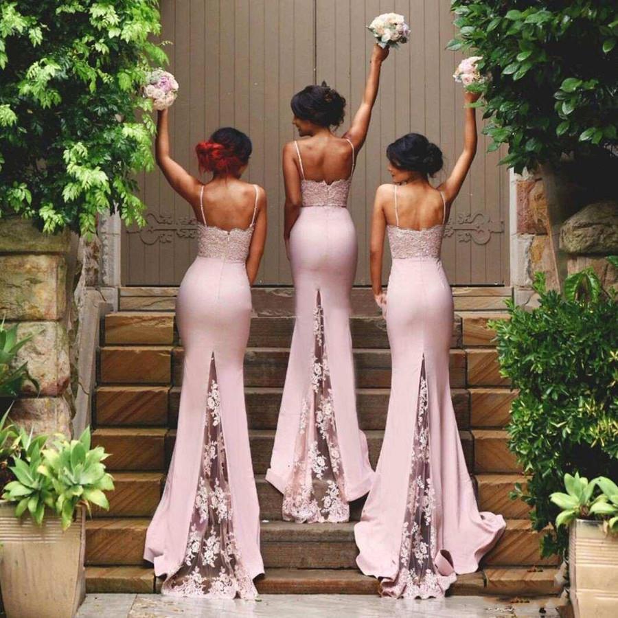 One-shoulder long pink bridesmaid dress