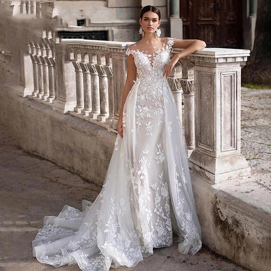 Applique lace two-piece detachable V-neck wedding dress