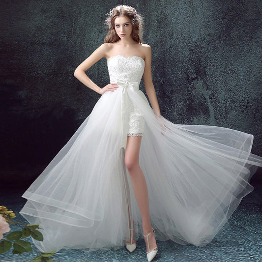 Forest lawn outdoor beach scene short front long back detachable wedding dress
