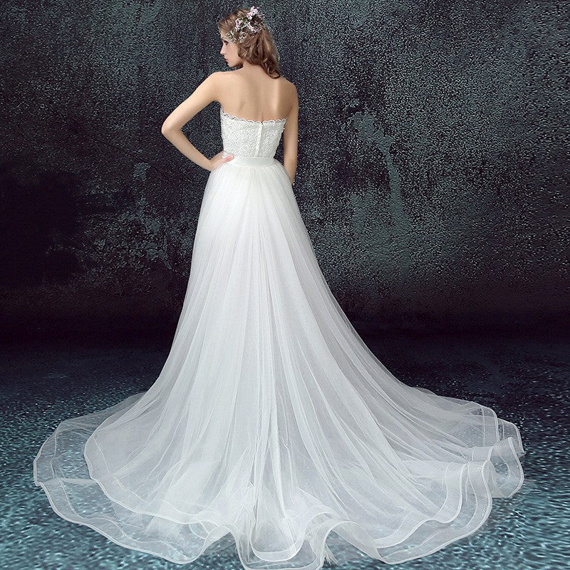 Forest lawn outdoor beach scene short front long back detachable wedding dress