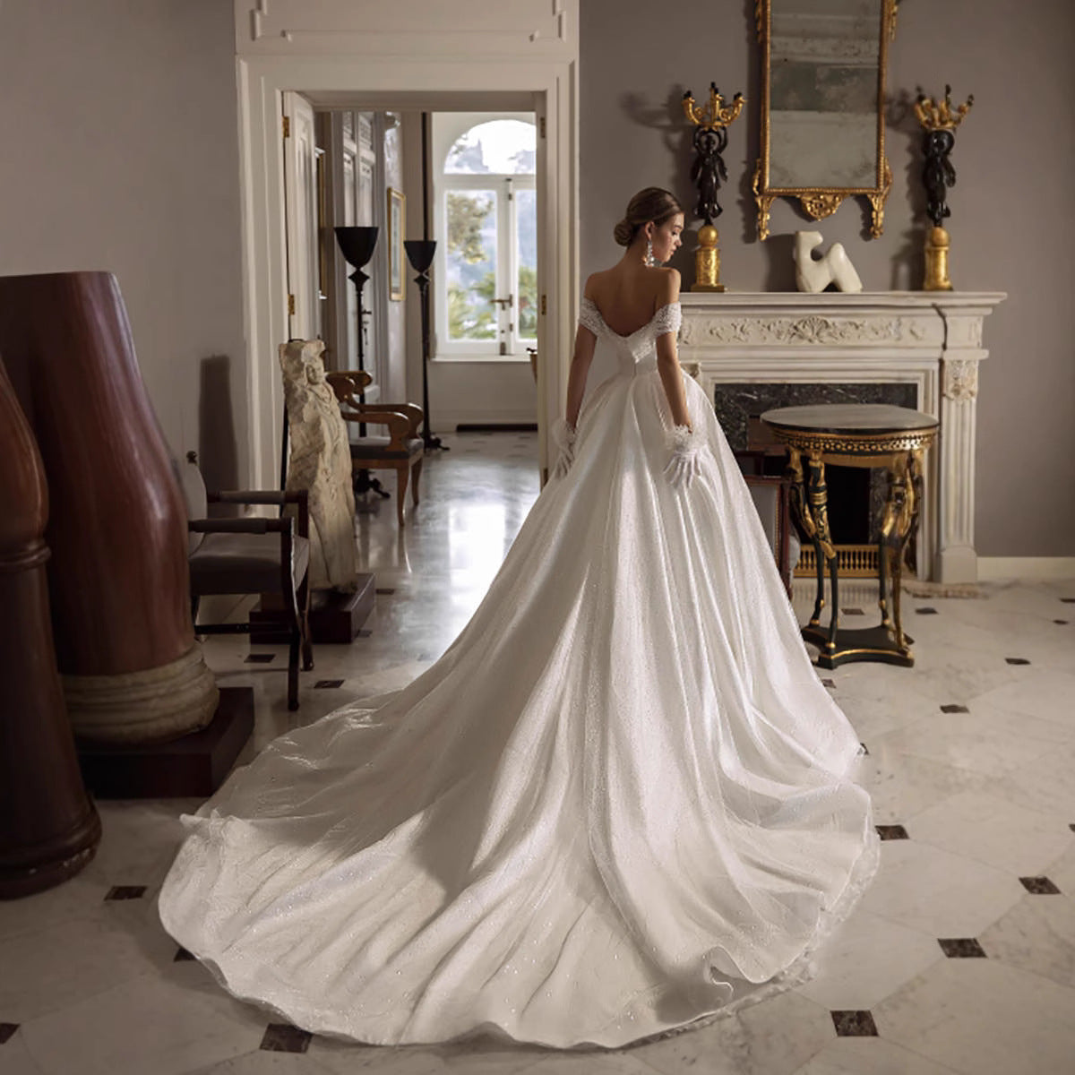 Off the Shoulder Court Train Lace applique Wedding Dress