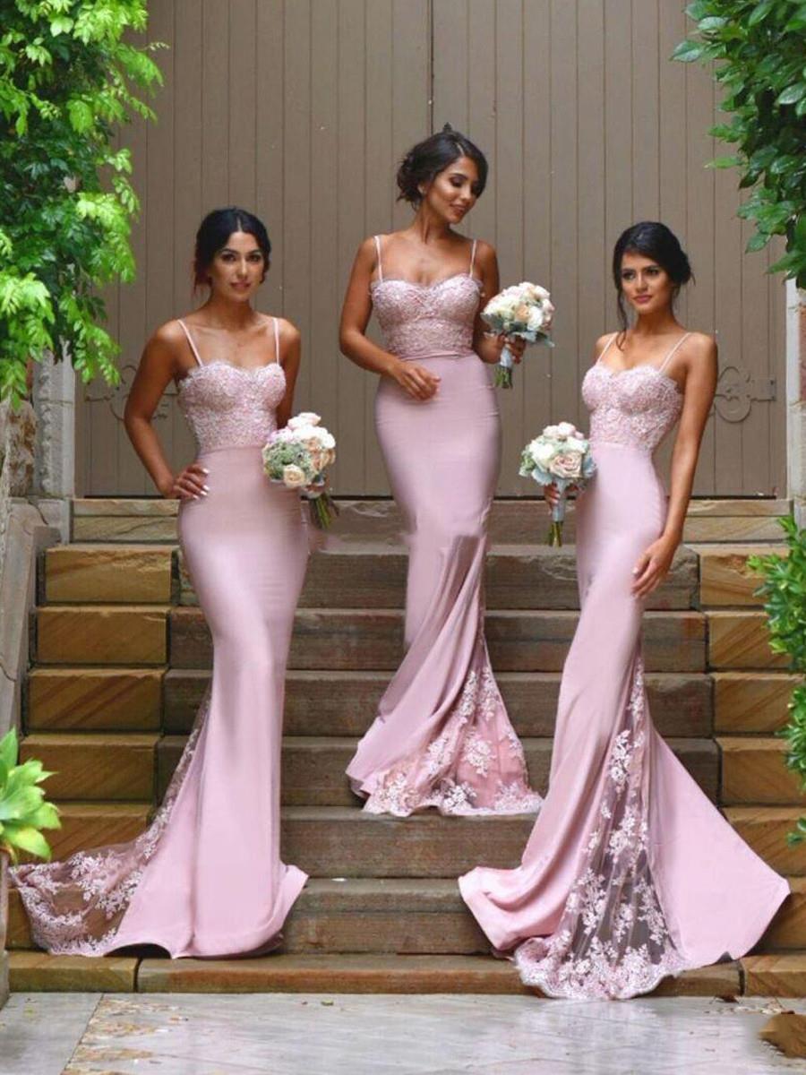 One-shoulder long pink bridesmaid dress