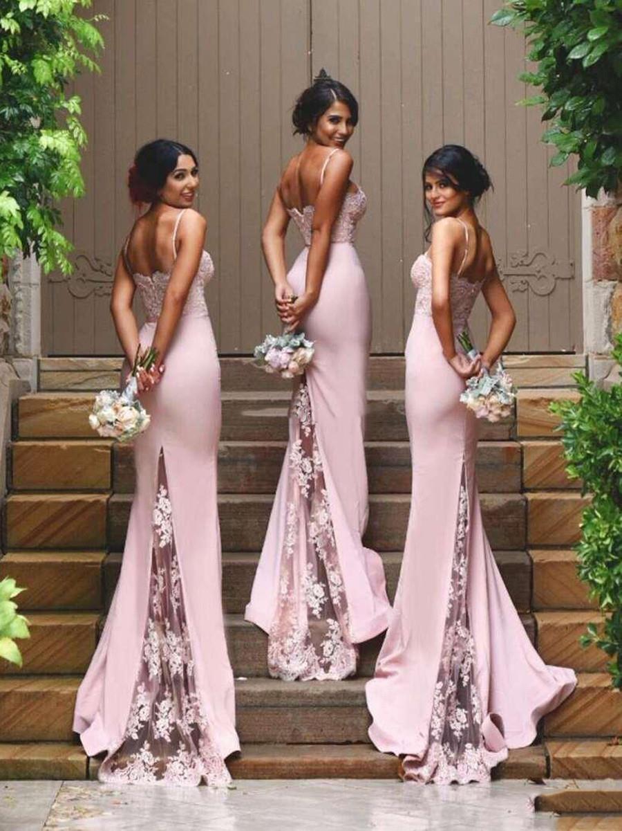 One-shoulder long pink bridesmaid dress