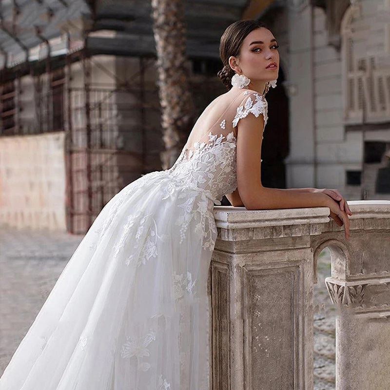 Applique lace two-piece detachable V-neck wedding dress