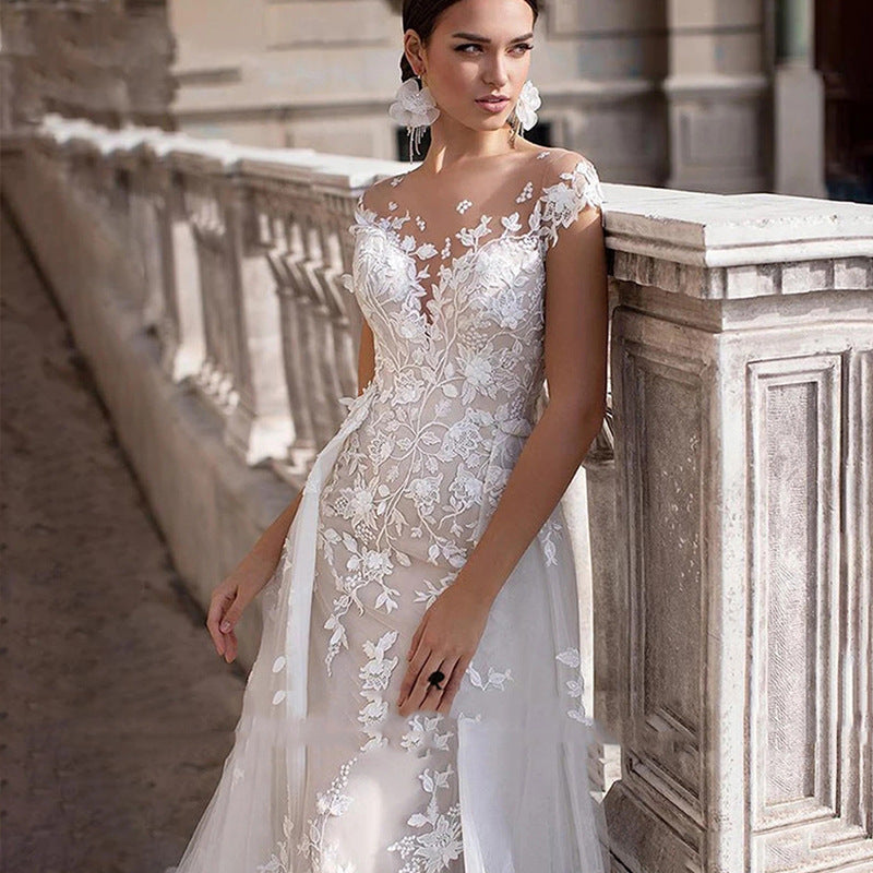 Applique lace two-piece detachable V-neck wedding dress